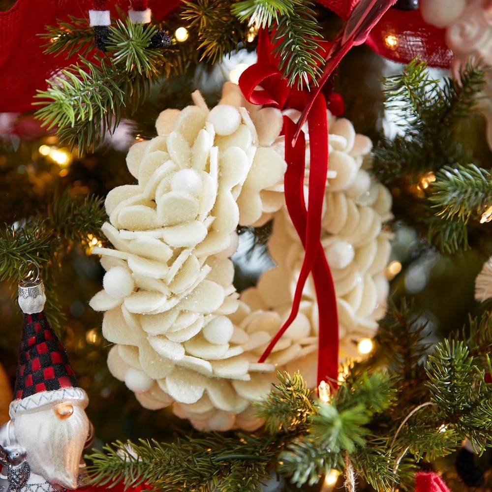 Lot of three (3) Pottery Barn felt wreath ornaments. NIB.